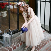 韩国童装连衣裙蓬蓬裙香槟色，礼服裙刺绣，立体花朵表演服公主长裙
