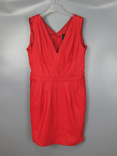 vintage古着中古红色，深v露背羊皮，真皮薄款中长无袖连衣裙
