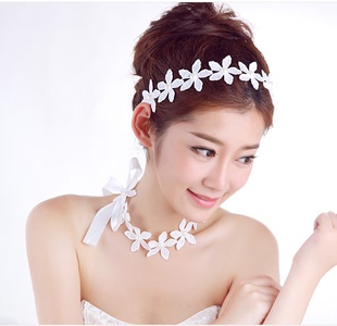 韩国新娘复古珍珠蕾丝布艺花朵，发带发箍脖颈链，项链两用婚纱配饰品