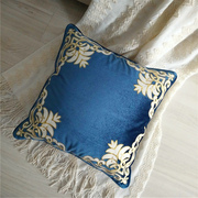 蓝色绒面样板房抱枕欧式绣花沙发，靠垫床头靠枕软装大方枕靠背靠包