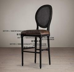 出口欧洲洛伦佐橡木实木古董黑多色藤背圆背椅油蜡皮吧椅吧凳家具
