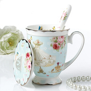 创意陶瓷杯子马克杯，带盖勺家用骨瓷水杯咖啡杯女生办公室