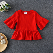 女宝宝娃娃衫韩版薄款女童T恤纯色夏装五分袖婴儿短袖上衣女夏季