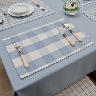 地中海桌布布艺餐垫杯垫，浅蓝大小格子时尚餐桌，垫布艺双层餐垫碗垫