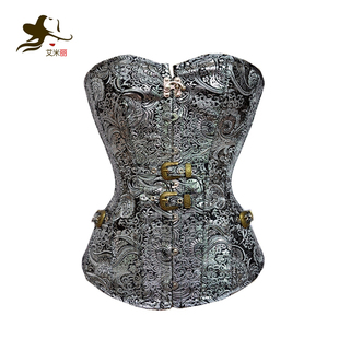 艾米丽宫廷哥特式束身衣，印花钢扣银色束腰，美体宫廷塑身衣corset