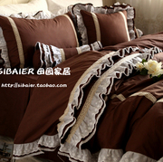 韩式欧式复古纯咖色蕾丝荷叶边纯棉全棉床裙款床上用品被套四件套