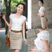 夏季韩版短袖雪纺白色衬衫女大码修身时尚女衬衣女打底小清新