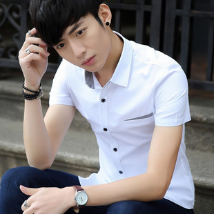 夏季流行衬衫修身青年，纯色时尚潮寸衫韩版男装短袖薄半袖衬衣