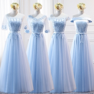 伴娘服长款2024蓝色，韩版显瘦伴娘礼服，姐妹团派对主持人晚礼服