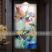 上海艺术玻璃玄关背景入户门隔断屏风鞋柜上荷花新中式现代客厅