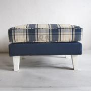 沙发凳布艺深蓝色格子素色，搁脚凳实木，换鞋凳白色脚地中海田园脚踏