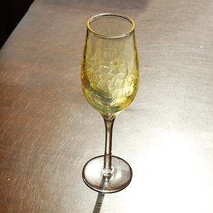 日本glasscalico手工玻璃酒杯对杯，香槟杯金色黄色冰裂纹