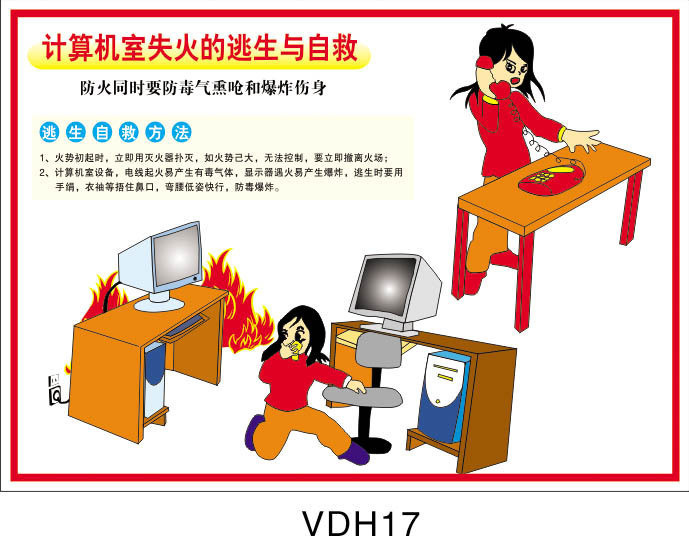 消防安全挂图海报 逃生自救常识 计算机室失火