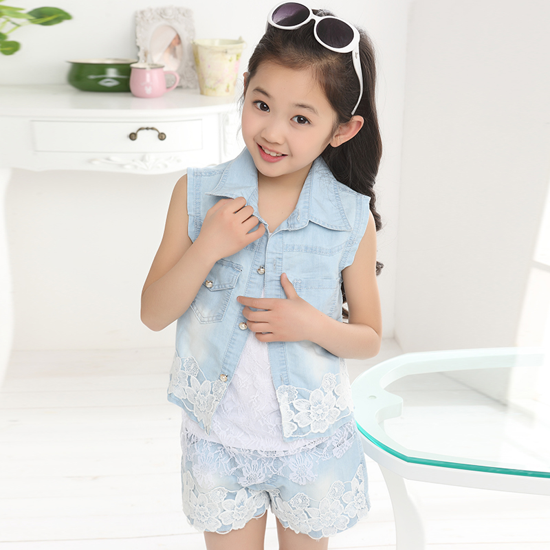 6夏装4女童7牛仔马甲短裤套装9儿童装5小女孩