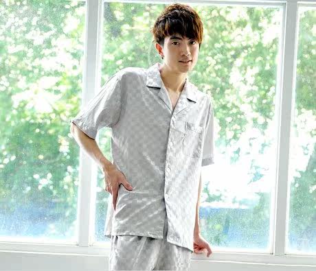 包邮 春夏季男士<em>真丝睡衣男夏款</em>短袖长裤丝绸